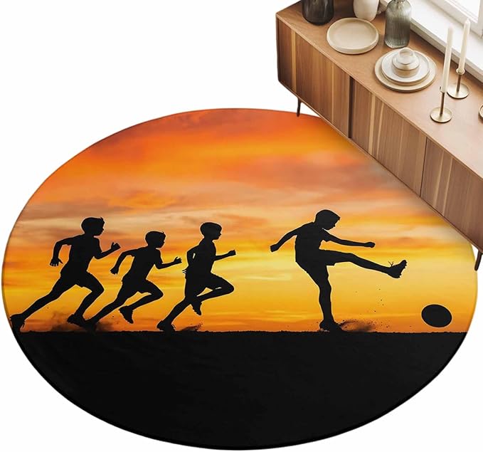 Washable Round Area Rug Football Sports Competition Circle Rugs Floor Carpet for Living Room Bedroom, Sunset Background Soft Non Slip Round Rug 5ft