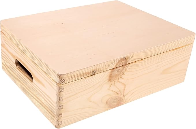 Creative Deco XL Wooden Storage Box with Hinged Lid | 15.8x11.8x5.5in (+-0.5) | Keepsake Unfinished Plain Unfinished Gift Box with Handles for Tool Toy Kitchen Jewelry | ROUGH & UNSANDED Wood Trunk
