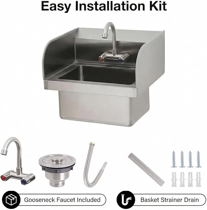 GarveeTech Commercial Stainless Steel Hand Wash Sink with Side Splash Guards, Small Wall Mount or Drop-In Handwashing Basin, 360° Swivel Faucet & Drain Kit for Restaurant Kitchen Bar Garage