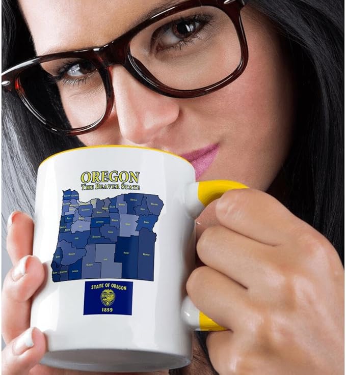 3dRose Map, Flag and nickname of Oregon with all counties colored and labeled 11oz Two-Tone Yellow Mug