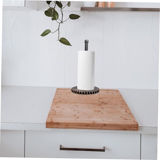 Rustic Industrial Pipe Paper Towel Holder Freestanding Black Metal Towel Stand for Kitchen Bathroom Vintage Design and Plastic Wrap Storage