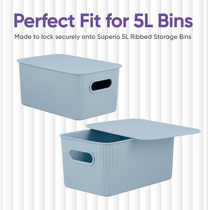 Superio Ribbed Collection - Decorative Plastic Basket Open Home Storage Bins Organizer, Blue (Parent) Container Boxes for Organizing Closet Storage Bins for Shelves (Lid - Medium (5 Liter), 4 Pack)