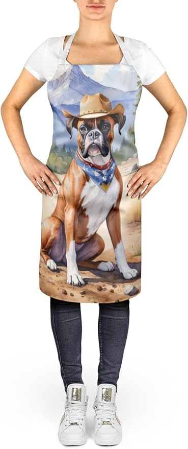 Caroline's Treasures Boxer Cowboy Welcome Apron Cooking Kitchen Server Baking Crafts Gardening for Adult Women Men, Unisex, Large, Multicolor