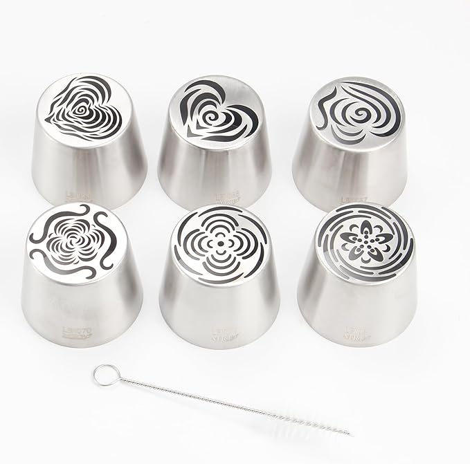 Extra Large Russian Piping Tip Set - 6 Stainless Steel Marshmallow Buttercream Framing Nozzles for 3D Roses Tulip Cake Decorations and Marshmallow Bouquets, Includes 1 Cleaning Brush(6H)