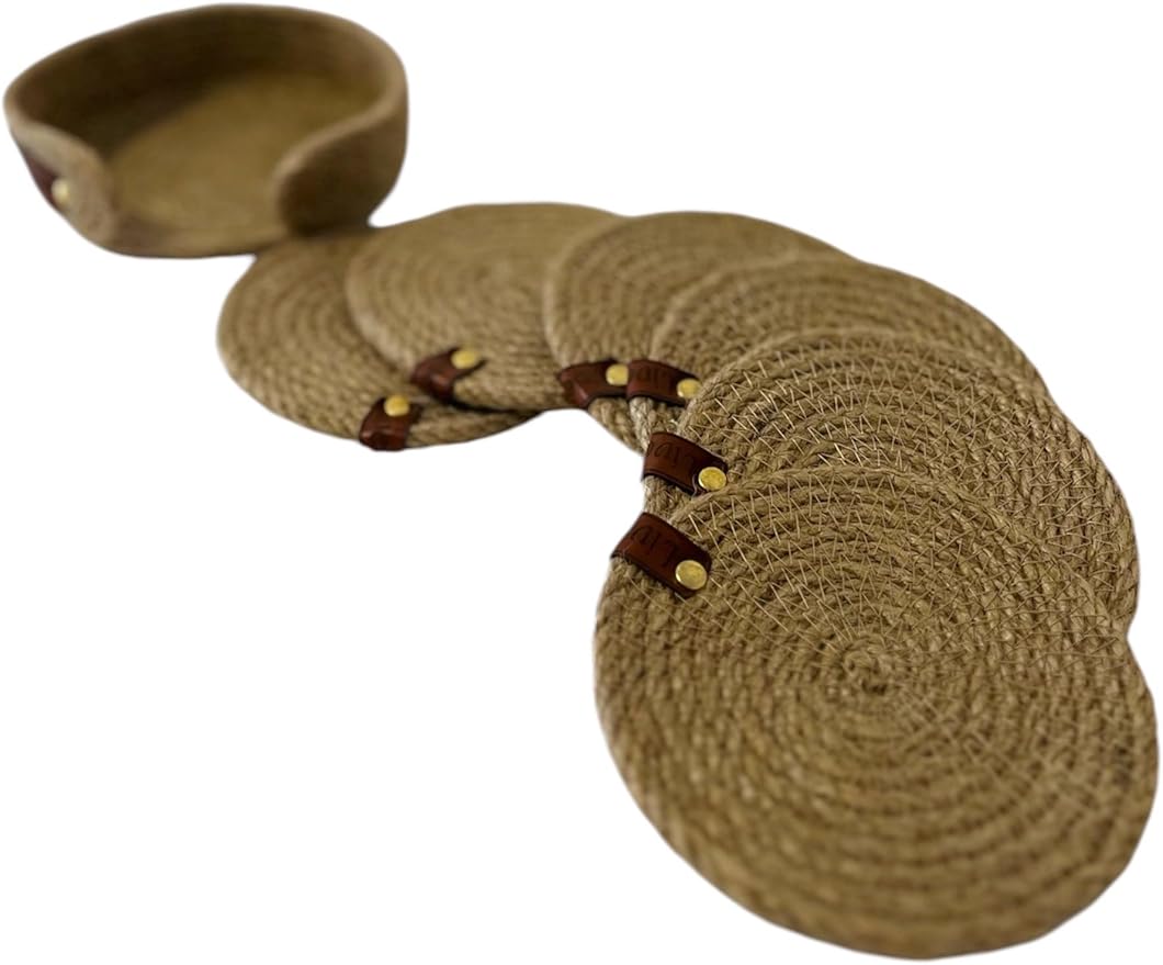 Handmade Jute Coaster Set with Basket – Natural 6-Piece Drink Coasters for Rustic Home Decor