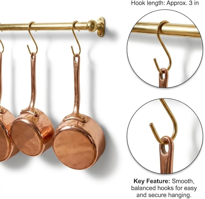 Solid Unlacquered Brass Pot Rail with S Hooks – Wall Mount Kitchen Pot Rack Rod – Vintage Heavy Duty Cookware Organizer for Pots, Pans & Hanging Utensils (60 inch (16 S-Hooks))