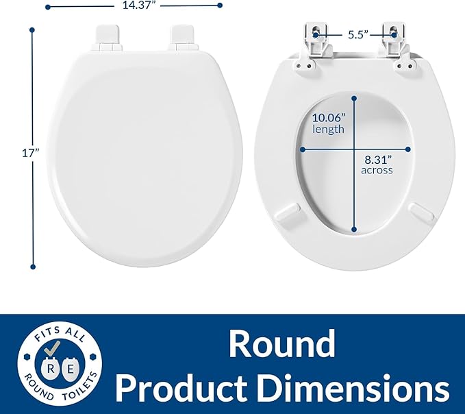 Mayfair Linden Slow Close Toilet Seat, Non Slip Heavy Duty Wood, Easy Install, Round, White