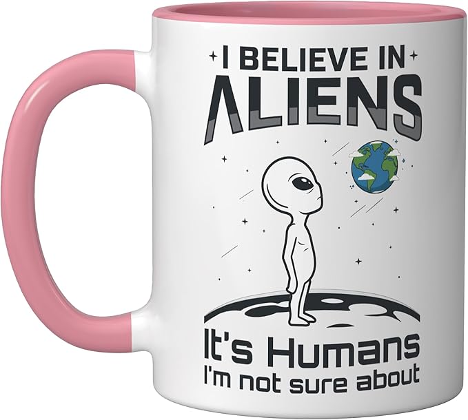 Alien Believer UFO Extraterrestrial Space Lover Ceramic Mug, Pink/White