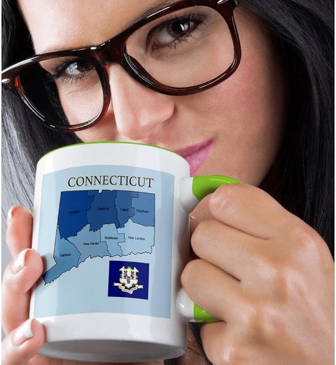 3dRose Flag and map of the state of Connecticut with counties labeled 15oz Two-Tone Green Mug
