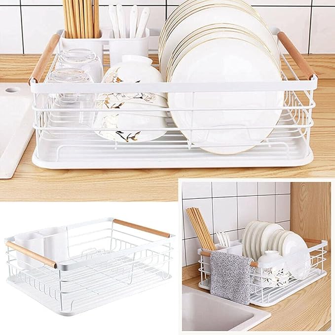 Kitchen Dish Drainer Metal Wire Cutlery Holder Drying Plate Rack Drip Tray Sink