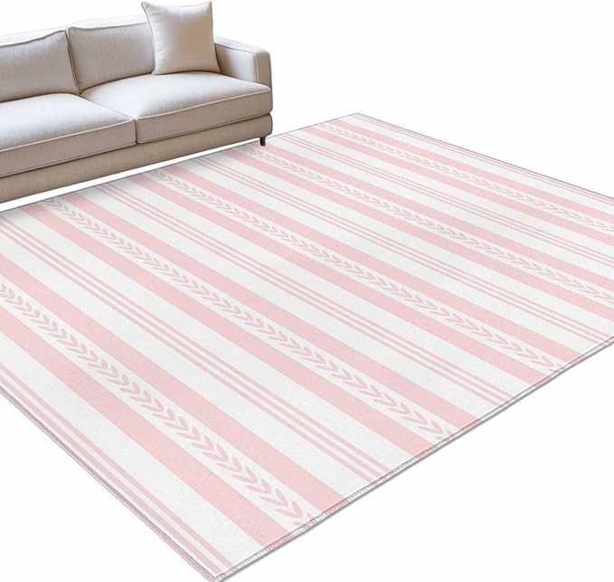 Area Rug 3x5ft, Abstract Leaf Geometric Line Washable Rugs for Living Room Bedroom, Modern Pink Stripe Theme Soft Non-Slip Area Rugs Rectangle Floor Carpet for Dining Room