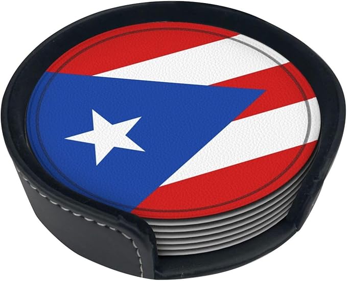 Puerto Rico Flag Leather Drinks Coasters with Holder, Set of 6, Suitable for Various Cups
