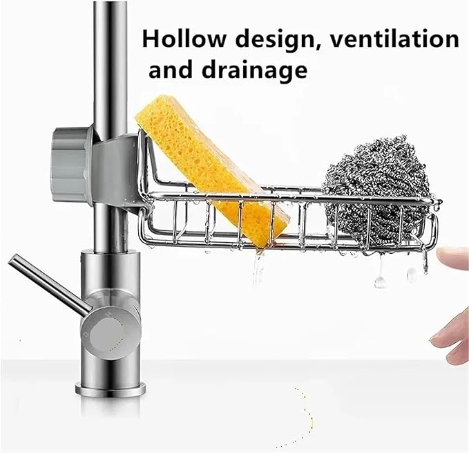 Adjustable Sink Faucet Shelf, Stainless Steel Over Faucet Drain Rack for Sponge Soap and Towel, Rotatable Kitchen Bathroom Organizer with Hooks(B)
