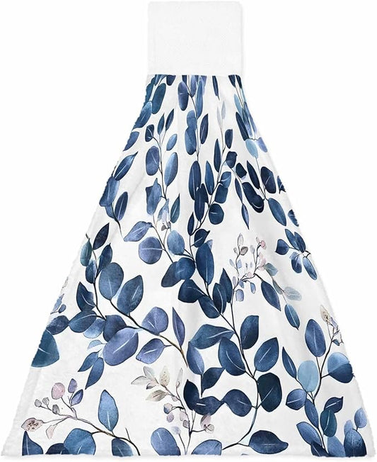 Alandar Home Kitchen Tie Towel Set of 1, Pastoral Eucalyptus Leaves Absorbent Soft Hand Towels for Bathroom Hanging Towels, Navy Blue Botanical On White Fast Drying Cleaning Cloth with Loop