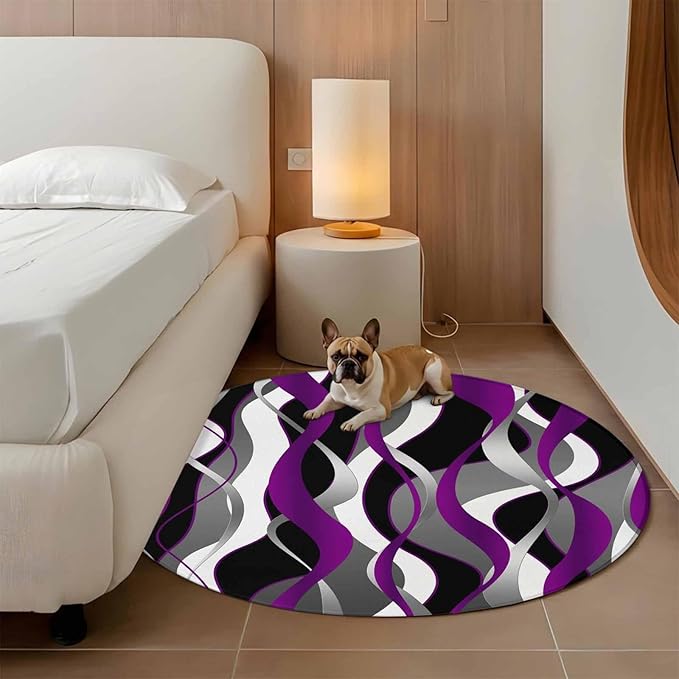 Washable Round Area Rug Abstract Purple Gray Black White Stripes Circle Rugs Floor Carpet for Living Room Bedroom, Modern Lines Soft Non Slip Round Rug 3ft