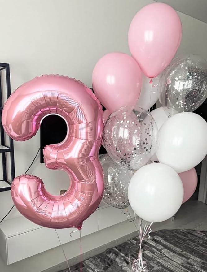40 Inch Numbers 3 Balloon, Three Pearl Pink Happy Birthday Balloons for Girls Boys Babies, Number Balloons 3rd for 3 13 23 30 Wedding Bridal Shower Anniversaries Party