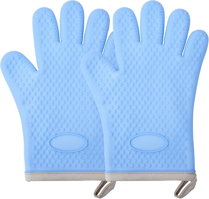 Silicone Oven Mitts Heat,1 Pair Non-Slip Five-Finger Oven Gloves, Waterproof Flexible BBQ Grilling Gloves with Hanging Loops, Kitchen Mitts for Baking Cooking Frying (Sky Blue)
