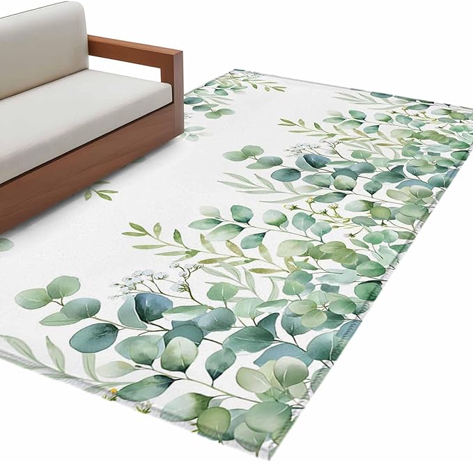 Sage Green Eucalyptus Leaves 3x5 Area Rugs, Farmhouse Botanical Non-Skid Rubber Backing Large Rectangle Rugs - Living Room Bedroom Home Office, Country Indoor Floor Mat Carpets Washable Rug