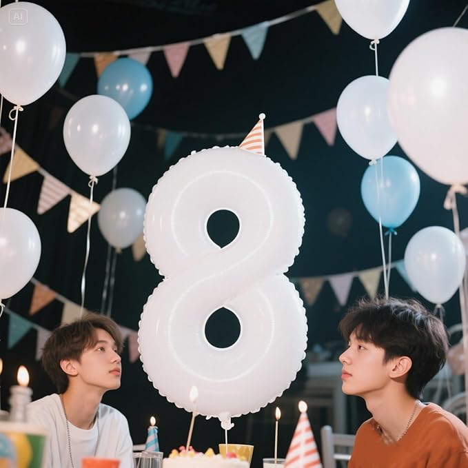 8Th Numbers Balloon 40 Inch, White Birthday Decorations For Women Men, Number Balloons for 8, 18, 28 Wedding, Anniversaries, Celebration, Graduation