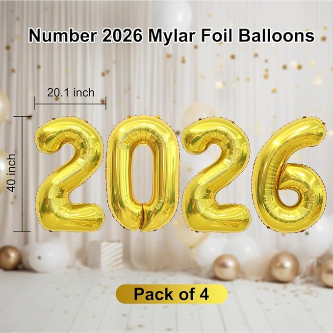 2026 Balloons 40 Inch 2026 Balloon Numbers Gold for New Years Decorations Gold New Years Balloons for Graduation Nye Decoration 20 26 Mylar Foil Balloon for 20 26 Happy New Year Grad Party Supplies
