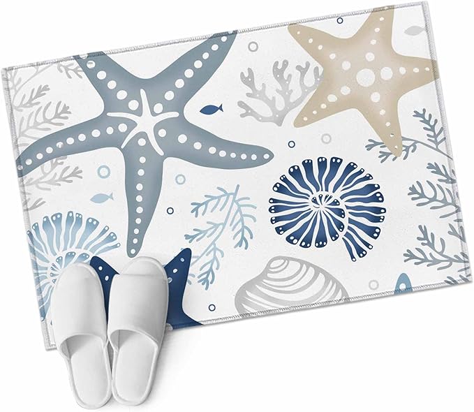 Area Rug 2x3ft, Ocean Starfish Shell Conch Washable Rugs for Living Room Bedroom, Sea Blue Coral Seamless Soft Non-Slip Area Rugs Rectangle Floor Carpet for Dining Room