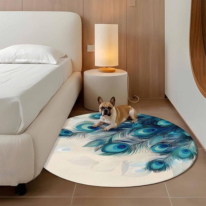 Washable Round Area Rug Abstract Animal Art Peacock Feather Circle Rugs Floor Carpet for Living Room Bedroom, Watercolor Blue Eyes Beige Soft Non Slip Round Rug 4ft