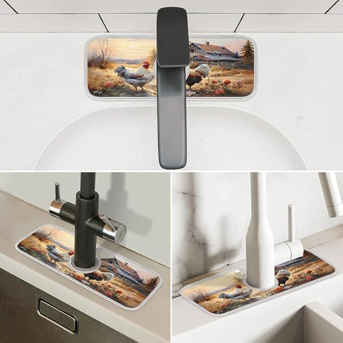 Rooster Courtyard Animal Sink Mat for Kitchen Faucet Absorbent Microfiber Faucet Mat Washable Sink Water Splash Guard Drip Catcher for Faucet