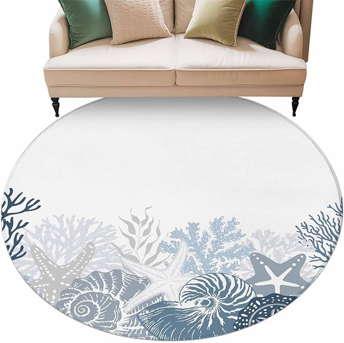 Washable Round Area Rug Underwater Blue Shells Starfish Coral Circle Rugs Floor Carpet for Living Room Bedroom, Summer Botantical Soft Non Slip Round Rug 5ft