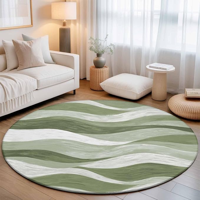 Washable Round Area Rug Modern Sage Green Gradient Stripe Circle Rugs Floor Carpet for Living Room Bedroom, Abstract Ocean Wave Soft Non Slip Round Rug 5ft