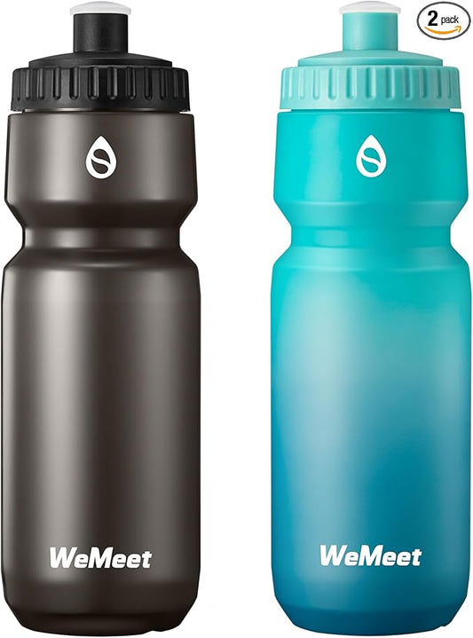 WEMEET 24oz Cycling Sports Bottle, Fits Most Bike Cages, LeakProof, BPA Free, Mountain Bike Squeeze Bottle with Capacity Scale, for Gym, Travel,Hiking (Black & Green Blue, 2 Pack)