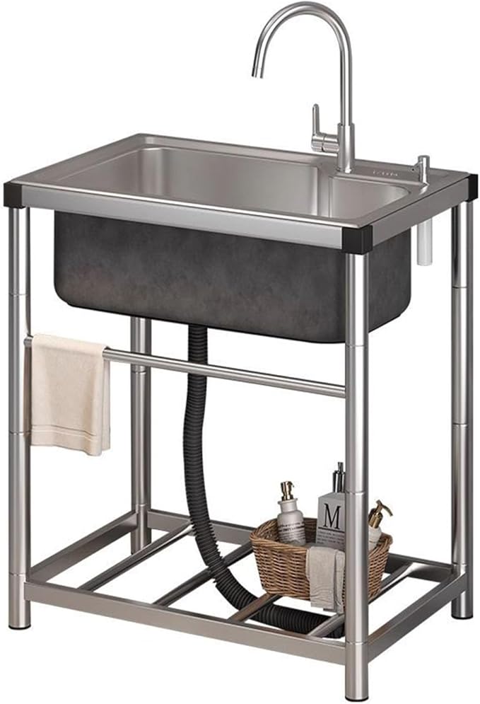 Outdoor Stainless Steel Utility Sink,Standalone Stainless Steel Sink,Small Stainless Steel Utility Kitchen Sink Tub with Storage Shelve and Faucet for Restaurant,Bar,Laundry, Garage, Backyard