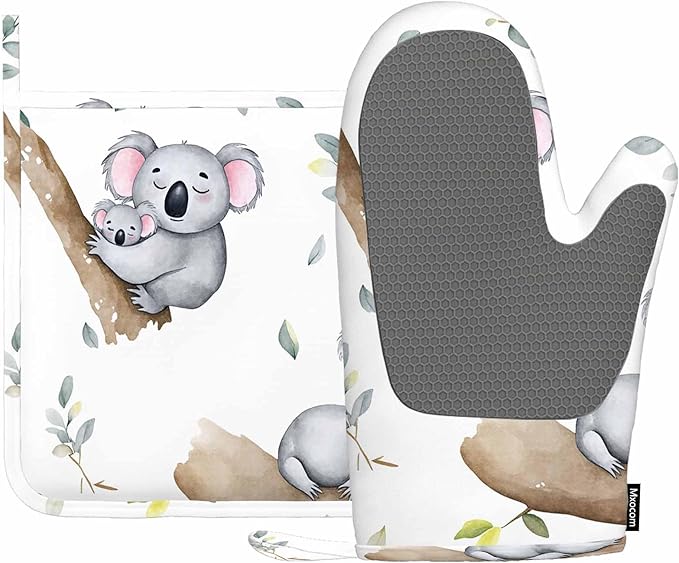 Mxocom Cute Koalas Oven Mitts and Pot Holders Sets Kawaii Baby Koala Mom Koala Tropical Leaves Silicone Heat Resistant Kitchen Oven Gloves Pot Holder for Cooking