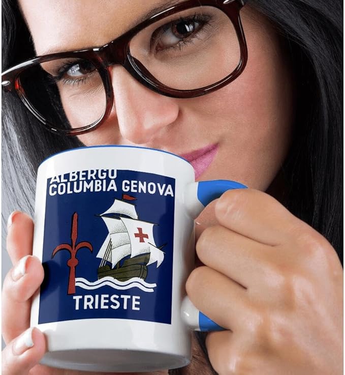 3dRose Vintage Albergo Columbia Genova Trieste Luggage Label 15oz Two-Tone Blue Mug