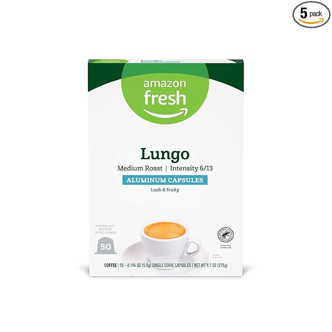 Amazon Fresh Espresso Lungo Medium Roast Aluminum Capsules, Compatible with Nespresso Original Brewers, 50 Count (5 Packs of 10)