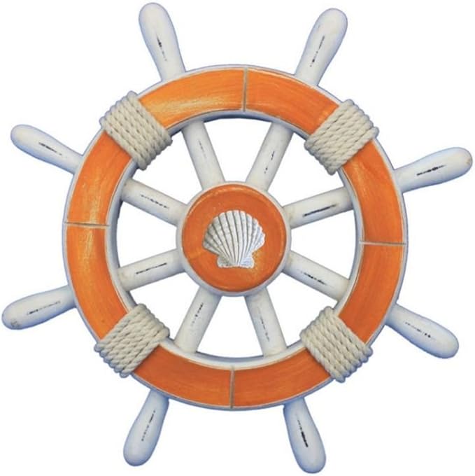 Handcrafted Model Ships Rustic Orange and White Decorative Ship Wheel with Seashell 12"- Sailing Ship W