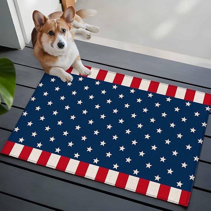 Area Rug 2x3ft, American Independence Day Washable Rugs for Living Room Bedroom, USA Stars on Blue Red White Border Soft Non-Slip Area Rugs Rectangle Floor Carpet for Dining Room