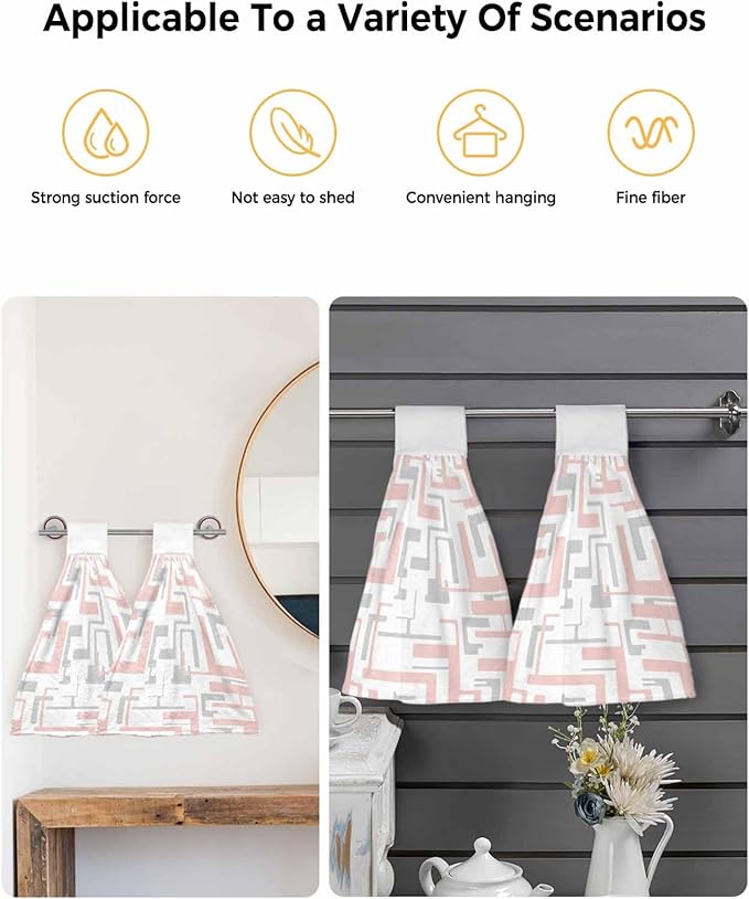 Alandar Home Kitchen Tie Towel Set of 2, Modern Pink Gray Stripe Lines Absorbent Soft Hand Towels for Bathroom Hanging Towels, Abstract Geometric Art Fast Drying Cleaning Cloth with Loop