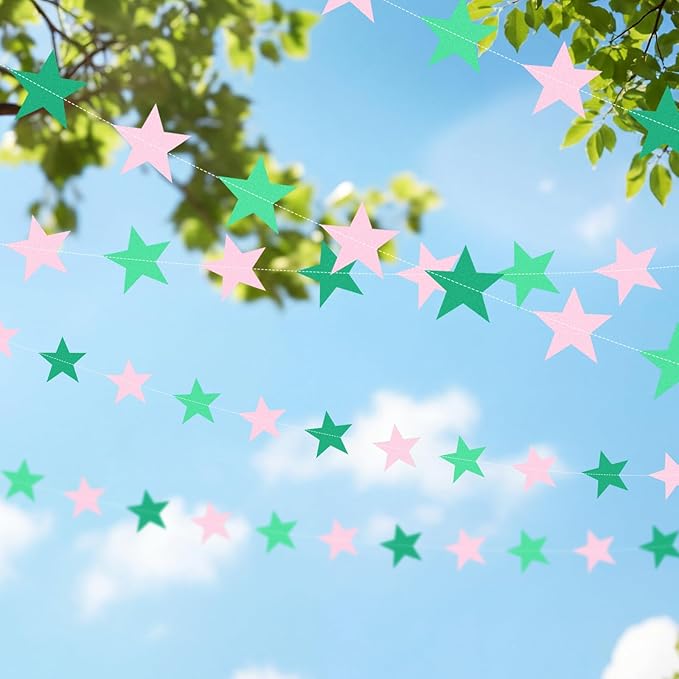 Patelai 130 Feet Glitter Star Garland Banner 2026 Party Decoration Double Side Star Hanging String Streamer Paper Twinkle for Graduation Wedding Birthday (Pink and Green)