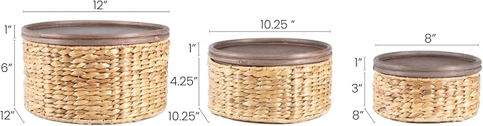 happimess BSK1004A-3SET Gouda Southwestern Hand-Woven Hyacinth Circular Nesting Wicker Storage Baskets with Wood Lids, Seagrass Container for Decoration in Bathroom, Bedroom, Closet,Natural (Set of 3)