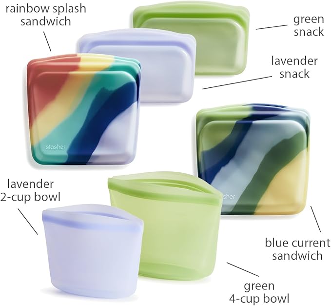 Stasher Silicone Reusable Food Storage Bags, 6-Pack, Reusable Freezer Bags, Microwave, Dishwasher, Oven Safe, Sous Vide, Lunch Containers, Eco Friendly, Food-safe Silicone Snack Bag, Multicolor | Reusable Food Bags