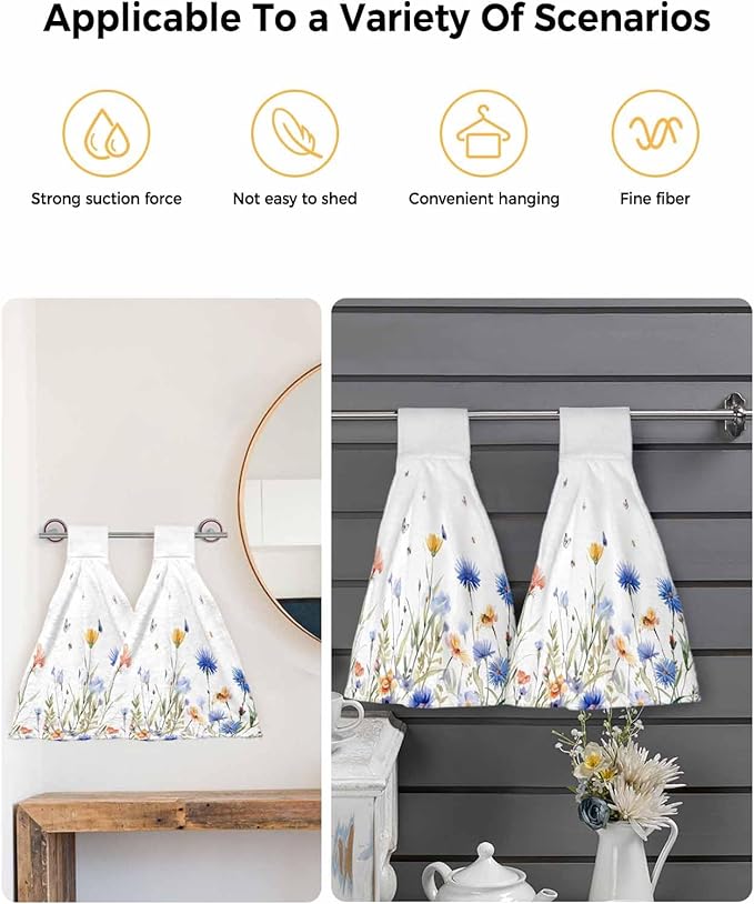 Alandar Home Kitchen Tie Towel Set of 2, Pastoral Blue Floral Butterfly on White Absorbent Soft Hand Towels for Bathroom Hanging Towels, Watercolor Flowers Fast Drying Cleaning Cloth with Loop