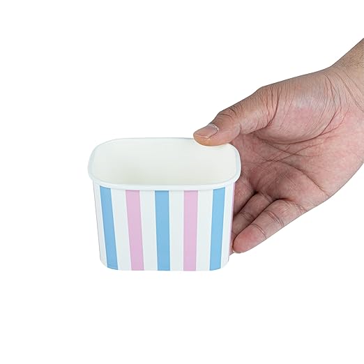 Restaurantware Paper Cups 50 Count 12 Ounce Square Disposable Ice Cream Containers, Leak-Resistant Paper Dessert To Go Cups, Hot And Cold Food, Durable Pink And Blue Stripe Design