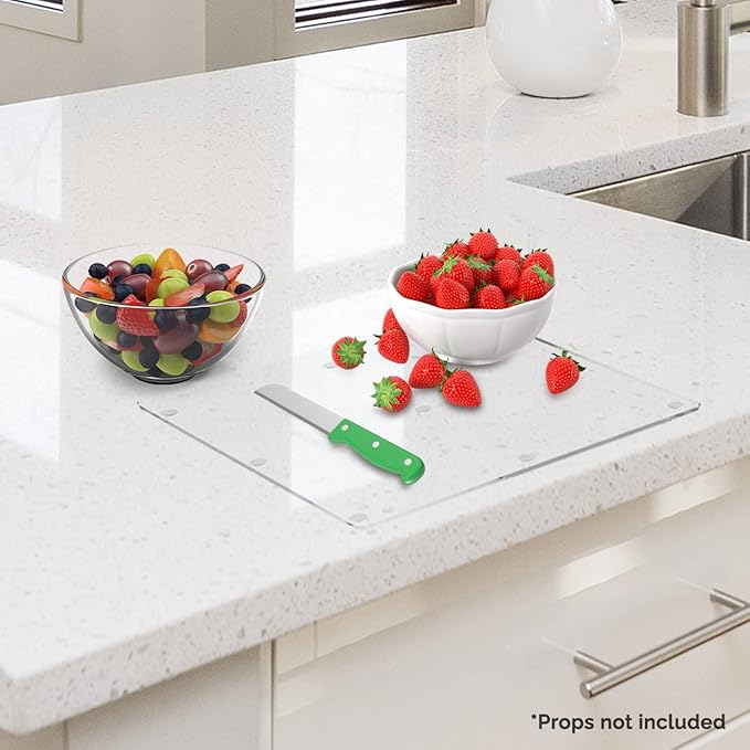 Clear Acrylic Flat Cutting Board 12" x 12" Countertop Charcuterie Chopping Block and Several Rubber Bumpers for Hotels Home Kitchens and Restaurants by Marketing Holders
