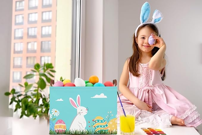 NTAOHAMPER Rectangular Easter Eggs Basket Empty,Easter Storage Bin with Handles,Baby Room Decor,Gift Basket(Blue Easter Eggs)