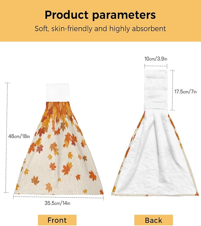 Alandar Home Kitchen Tie Towel Set of 2, Vintage Autumn Maple Leaves Absorbent Soft Hand Towels for Bathroom Hanging Towels, Countryside Farm Plants Fast Drying Cleaning Cloth with Loop