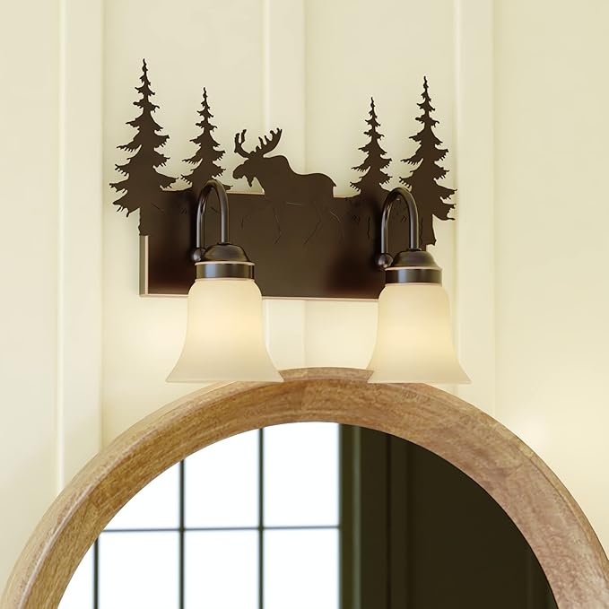 VAXCEL Yellowstone 2-Light 16.75 inch Wide Burnished Bronze Rustic Cabin Bathroom Vanity Lighting Fixture, Amber Flake Glass Shade, Moose, Trees, Dimmable LED Compatible Over the Mirror Wall Mounted