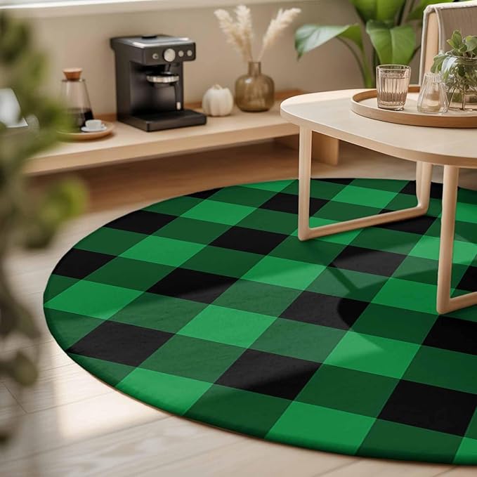 Washable Round Area Rug St. Patrick's Day Lucky Green Black Plaid Circle Rugs Floor Carpet for Living Room Bedroom, Buffalo Lattice Soft Non Slip Round Rug 3ft