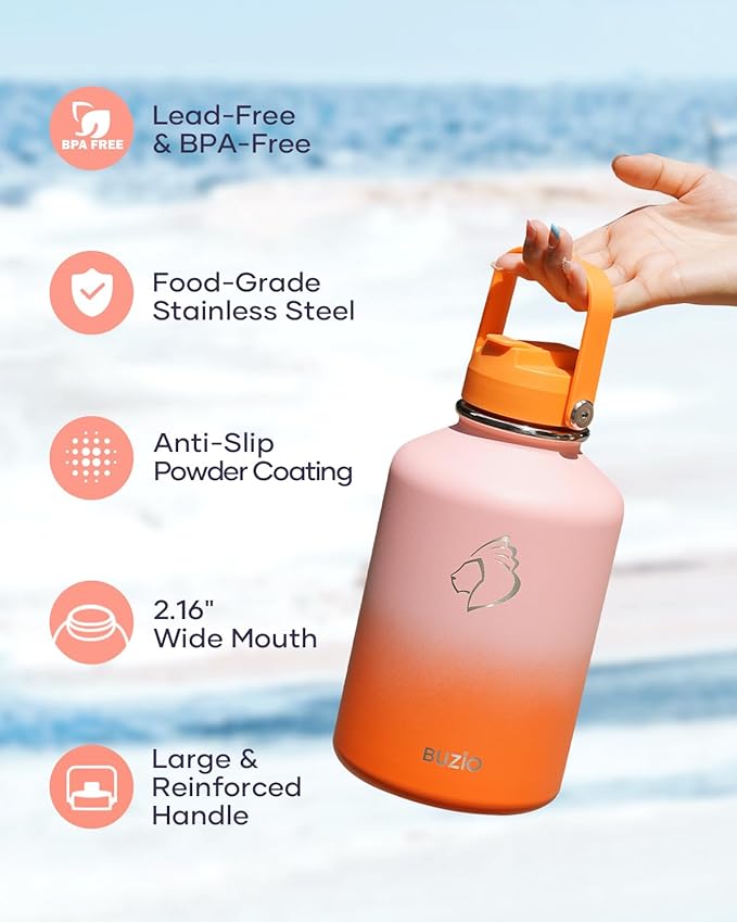 BUZIO 64oz Insulated Water Bottle, Stainless Steel Water Flask with Straw Lid and carrying pouch, Keep Cold 48h Leak Proof Double Wall Vacuum Travel Mug Metal Canteen for Gym Beach, Gradient Orange