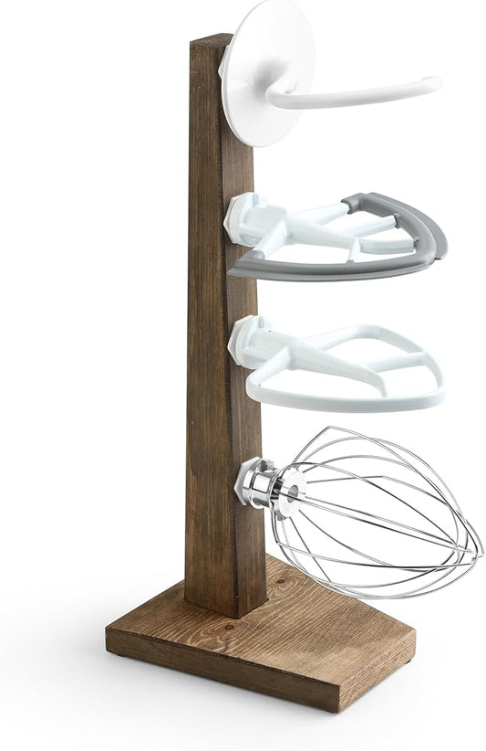 Besuerte Stand Mixer Attachment Holder, Wooden Counter Stand Holder with 4-pack Plastic Hangers Kitchen Accessories Storage Organizer Compatible with Kitchenaid Mixer Attachments for Space-saving