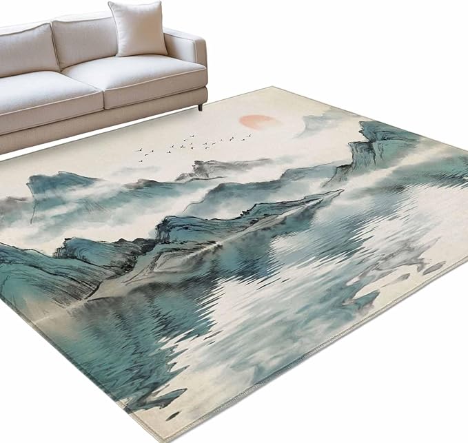 Area Rug 9x12ft, Chinese Zen Landscape Ombre Washable Rugs for Living Room Bedroom Rectangle Floor Carpet, Abstract Mountain Lake Soft Non-Slip Area Rugs for Dining Room